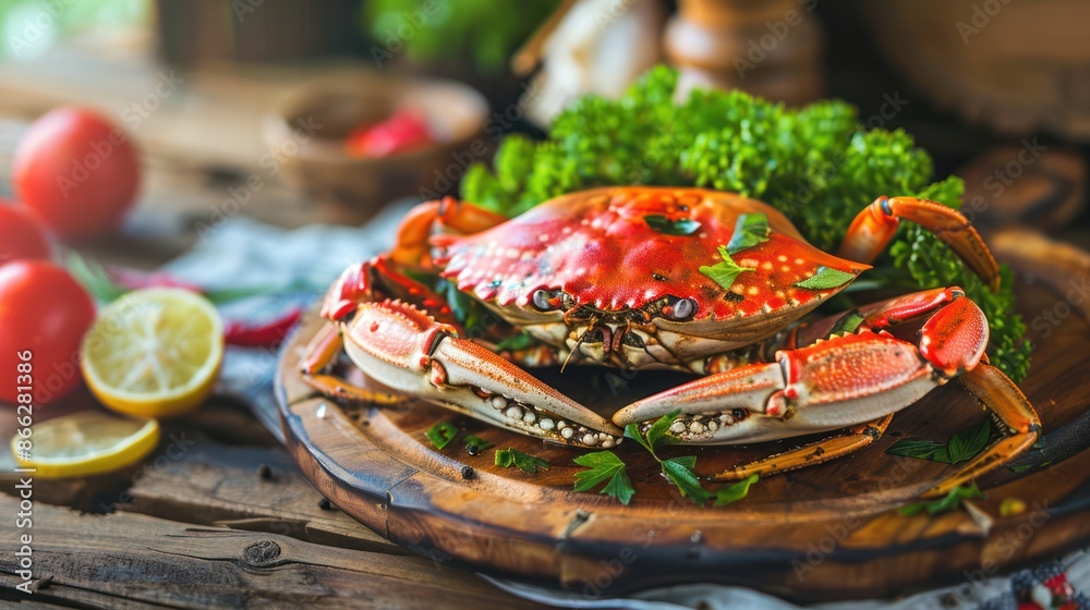 Steamed Red Crab with Parsley on Wooden Board Steamed Red Crab with Parsley on Wooden Board