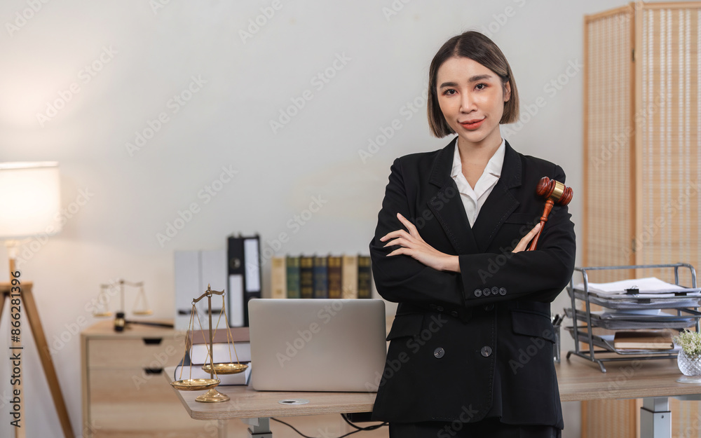 Confident Young Lawyer in Modern Office with Legal Books and Scales of Justice, Holding Gavel, Professional and Empowered Confident Young Lawyer in Modern Office with Legal Books and Scales of Justice, Holding Gavel, Professional and Empowered
