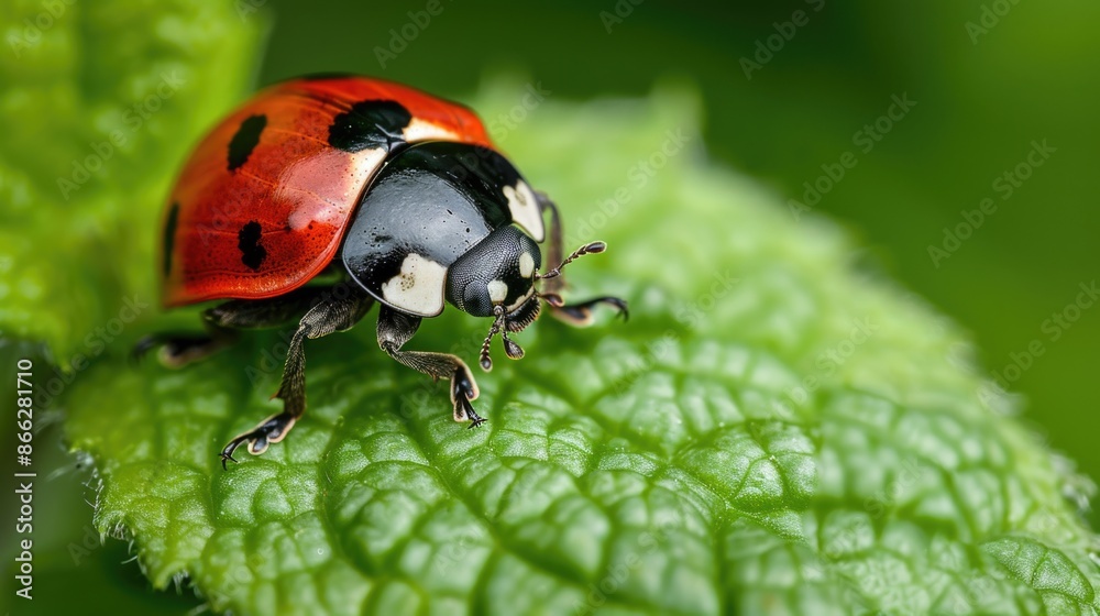 Fototapeta premium Closeup of a ladybug sitting on a green leaf