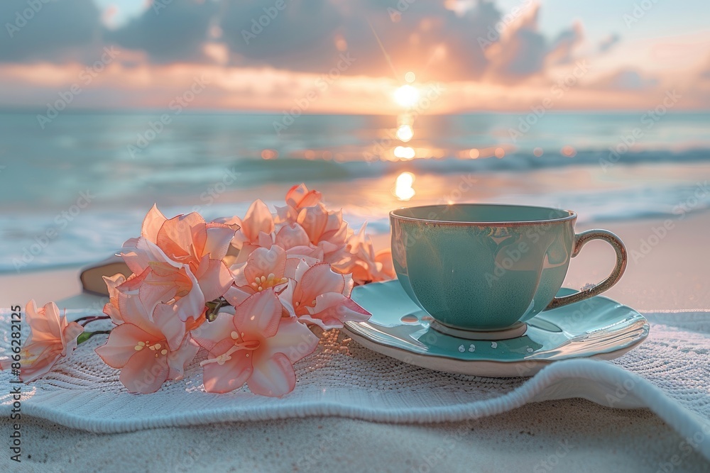 A cup tea or coffee on sand beach in front of the sea professional photography A cup tea or coffee on sand beach in front of the sea professional photography