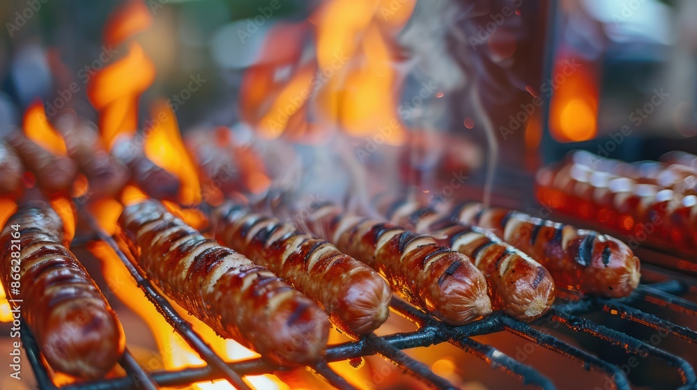 Close-up of Juicy Sausages Grilling on a Hot BBQ Close-up of Juicy Sausages Grilling on a Hot BBQ
