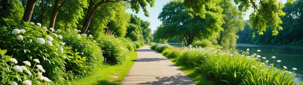 A vibrant photograph of a serene riverside path lined with lush green trees and flowering plants. The clear blue sky adds to the tranquility. A vibrant photograph of a serene riverside path lined with lush green trees and flowering plants. The clear blue sky adds to the tranquility.
