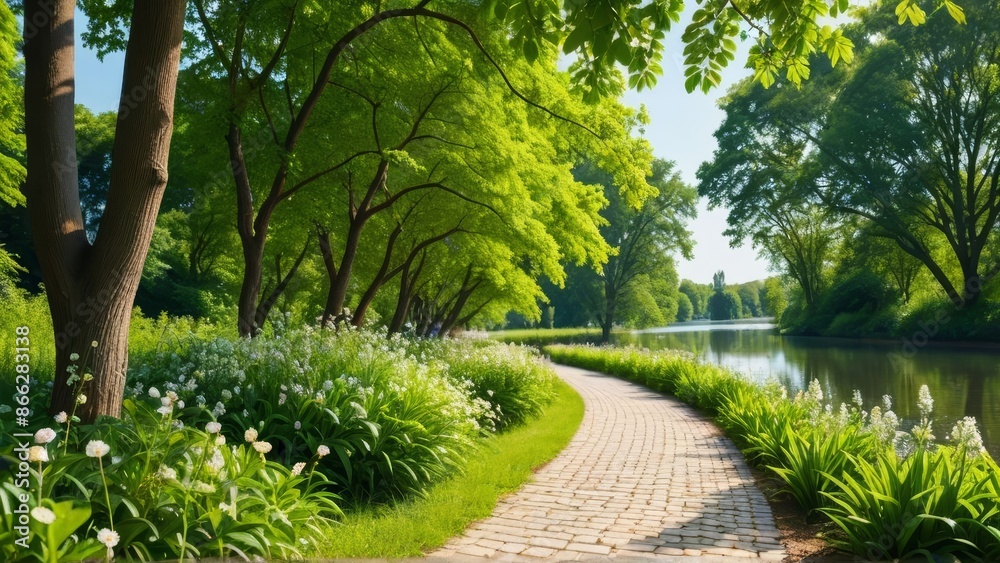 Obraz premium A vibrant photograph of a serene riverside path lined with lush green trees and flowering plants. The clear blue sky adds to the tranquility.