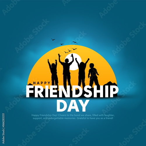 Happy international friendship day greeting card, silhouette view of friends group. Creative vector illustration design