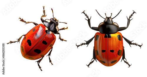 Close-up image of two colorful ladybugs on a white background, showcasing intricate details and bright red and black patterns.