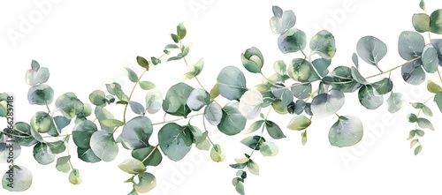 Detailed watercolor painting of a eucalyptus branch, ideal for botanical illustrations or nature-themed designs