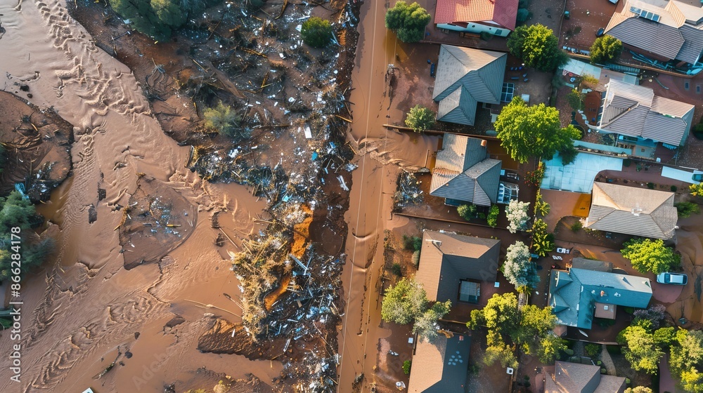 Fototapeta premium Aerial view of houses damaged by debris flow during rainstorm causing devastation