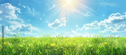 Summer landscape background with green grass field and blue sky