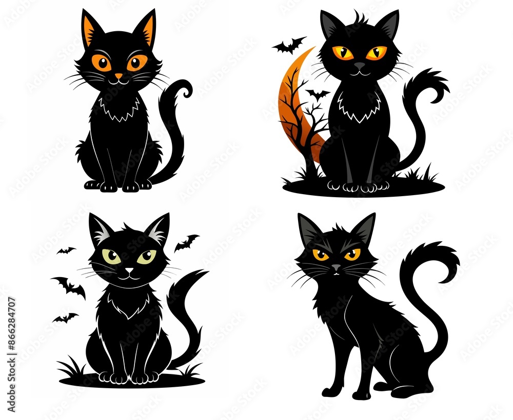 set of 4 black cats in vector style, bats in the background, for Halloween decoration and other sketches set of 4 black cats in vector style, bats in the background, for Halloween decoration and other sketches