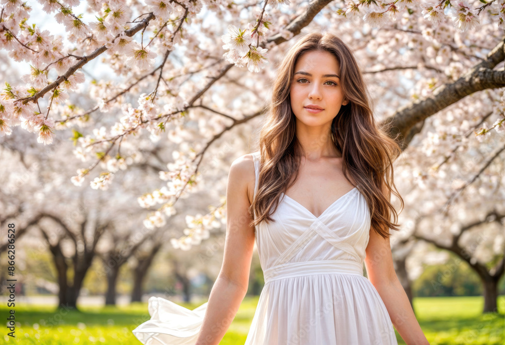 A woman with long brown hair smelling cherry blossoms outdoors A woman with long brown hair smelling cherry blossoms outdoors