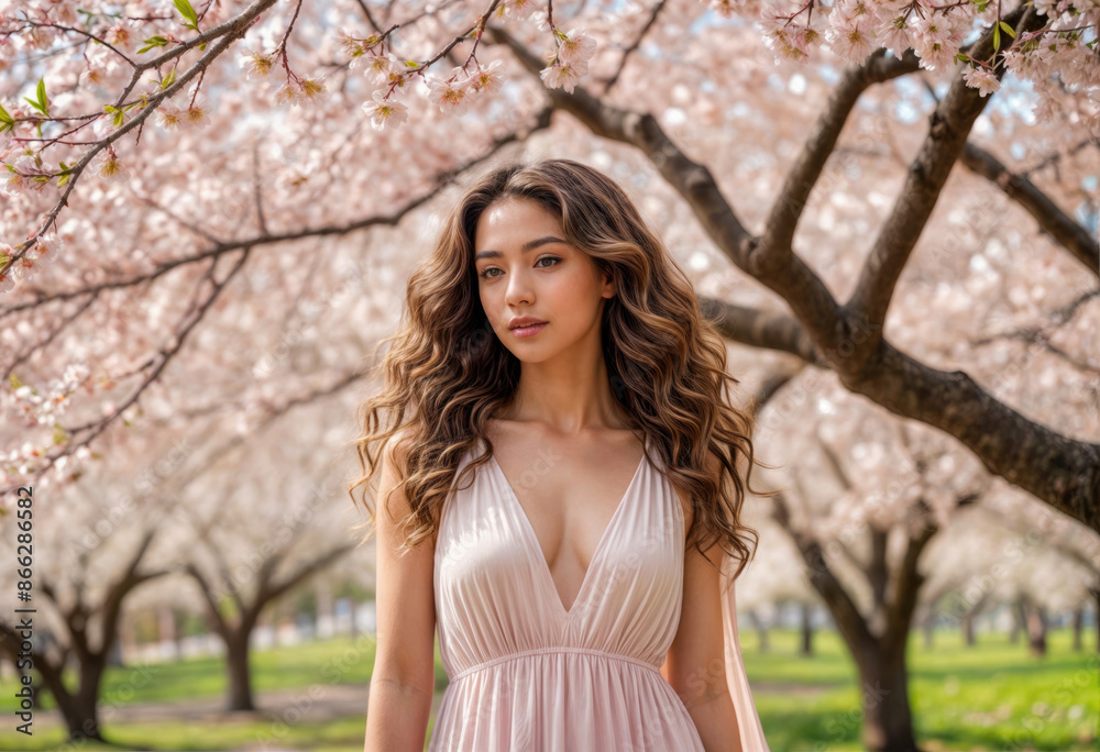 A woman with long brown hair smelling cherry blossoms outdoors A woman with long brown hair smelling cherry blossoms outdoors