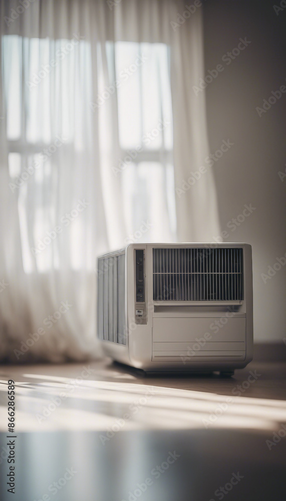 Air Conditioner Blowing Cool Air Into a Room With White Curtains Air Conditioner Blowing Cool Air Into a Room With White Curtains