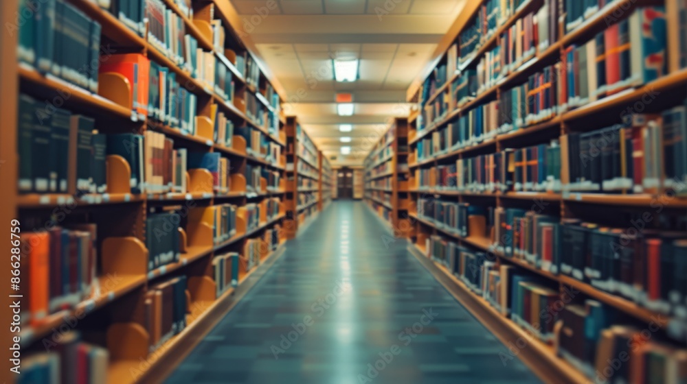 Long aisle of bookshelves in a library with rows of books. Concept of learning, education, knowledge, and research. Long aisle of bookshelves in a library with rows of books. Concept of learning, education, knowledge, and research.