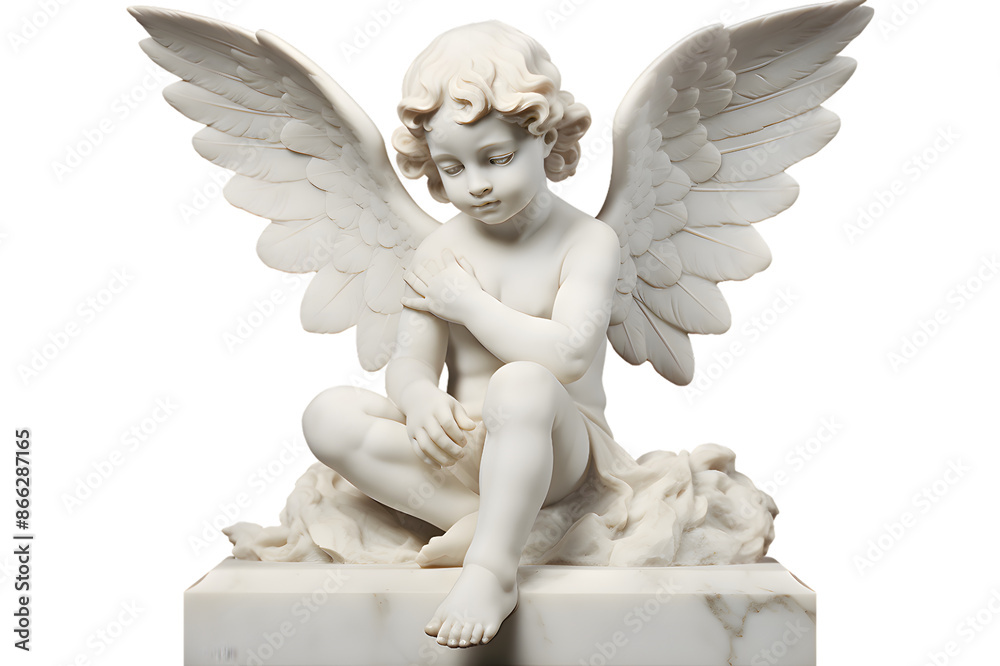 Fototapeta premium White marble statue of sitting cherub, isolated on transparent background