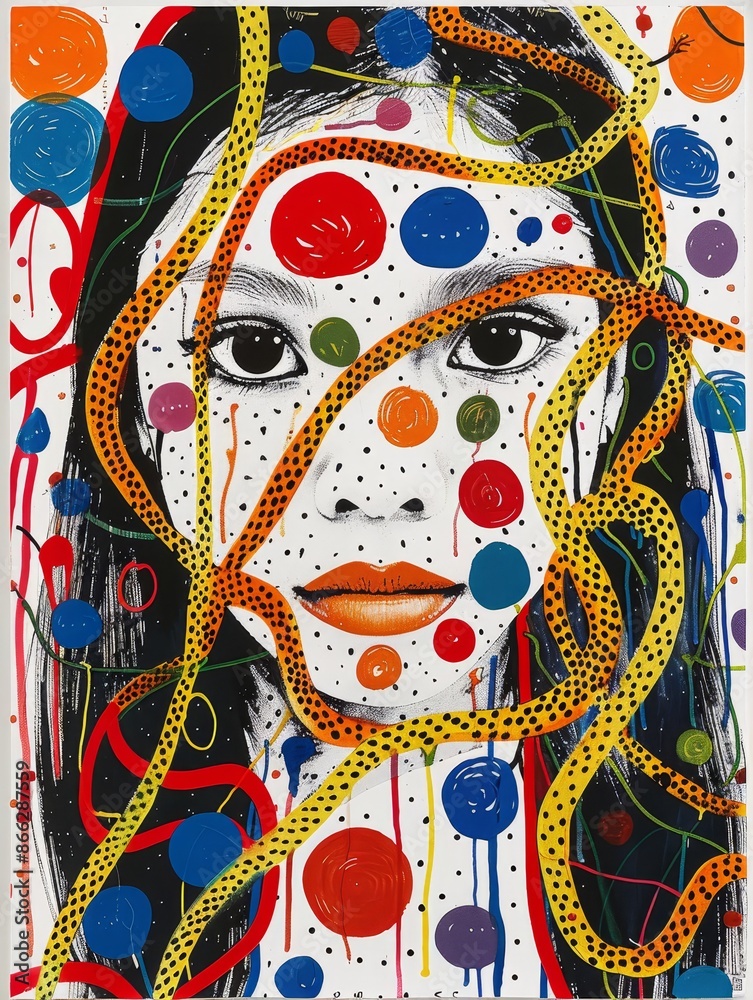 Fototapeta premium Vibrant Abstract Portrait of a Woman with Colorful Dots and Lines