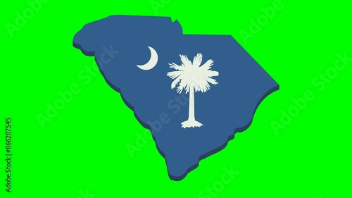 Animation of appearance and disappearance of the map of South Carolina in the colors of the South Carolina flag on a green background, transparent background with alpha channel (flat design)