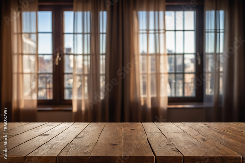 wooden podium in empty room with window and curtains