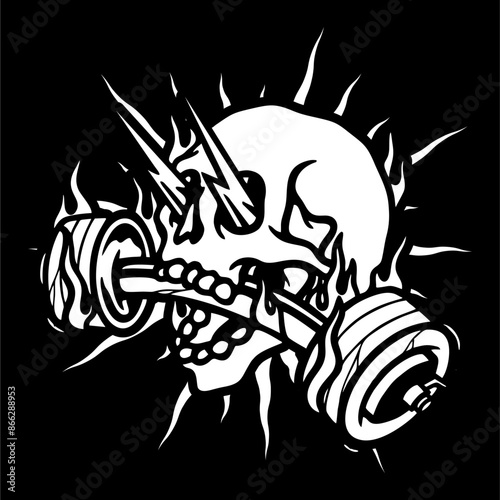 vector illustration tracing artwork of The skull bites the barbell and the eyes pop out with lightning. Can be used as Logo, Brands, Mascots, tshirt, sticker,patch and Tattoo design.