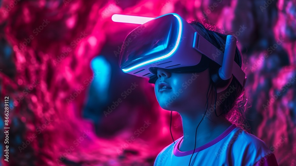 Kid with VR glasses in neon lights Kid with VR glasses in neon lights