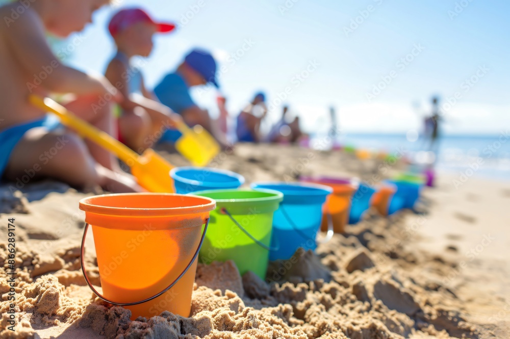 Children are enjoying a sunny day at the beach, building sandcastles and playing with colorful buckets and shovels Children are enjoying a sunny day at the beach, building sandcastles and playing with colorful buckets and shovels