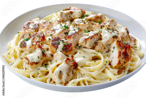 A plate of pasta with chicken and cheese