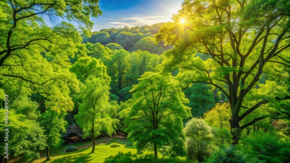 Fototapeta premium Vibrant green foliage and dense trees create a soothing, natural background perfect for design projects and presentations, evoking feelings of serenity and refreshment.