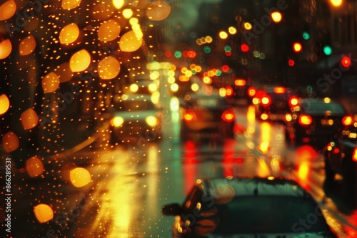 Colorful Blurred City Street at Night with Bokeh Lights and Traffic © dashtik