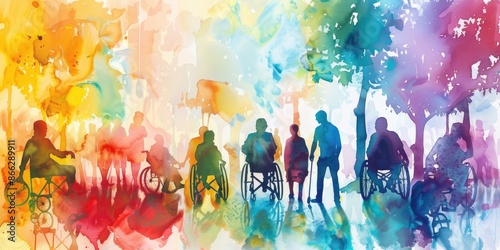Colorful art watercolor painting depicts a diverse group of International Day of Disabled Persons, disability day