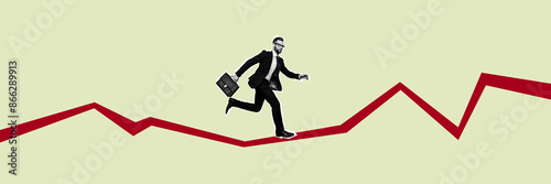 Composite panoramic collage of serious businessman run promotion path development concept hurry late isolated on painted background