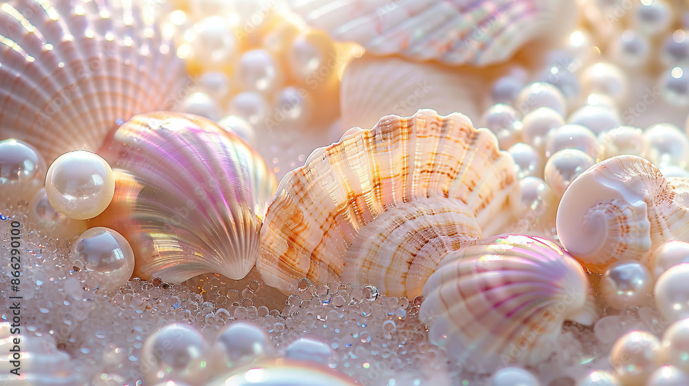 Close up photography of iridescent seashells and pearls. Close up photography of iridescent seashells and pearls.