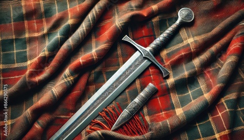 Medieval sword on Scottish tartan kilt, top view photo