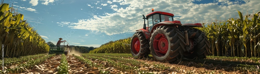 Farmer repairing a tractor in a cornfield, midday, 3D rendering, bright colors, high detail, highlighting the resilience and ingenuity of rural life Farmer repairing a tractor in a cornfield, midday, 3D rendering, bright colors, high detail, highlighting the resilience and ingenuity of rural life