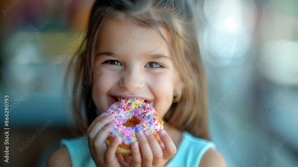 A young girl is eating a donut with sprinkles A young girl is eating a donut with sprinkles