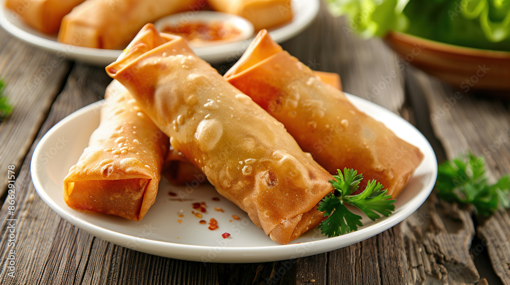 Traditional Indonesian egg rolls or lumpia on a white plate. Lumpia are made of thin paper like or called Traditional Indonesian egg rolls or lumpia on a white plate. Lumpia are made of thin paper like or called