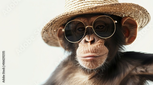 Cool chimpanzee wearing sunglasses and a straw hat. © Design