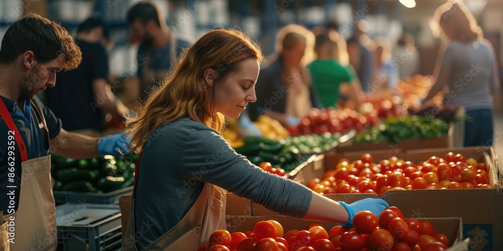 Fototapeta premium Warehouse workers sorting fresh tomatoes into cardboard boxes