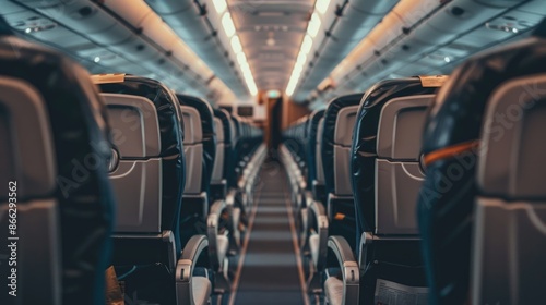 Commercial aircraft cabin with rows of seats down the aisle