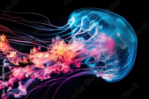 bioluminescent jellyfish in a magazine photography style, striking underwater visuals, dynamic angles, high contrast