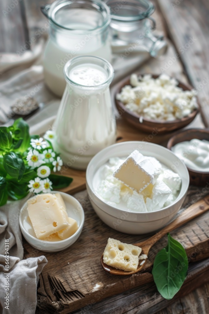 Rustic Dairy Products on Wooden Table with Flowers and Cheese Rustic Dairy Products on Wooden Table with Flowers and Cheese