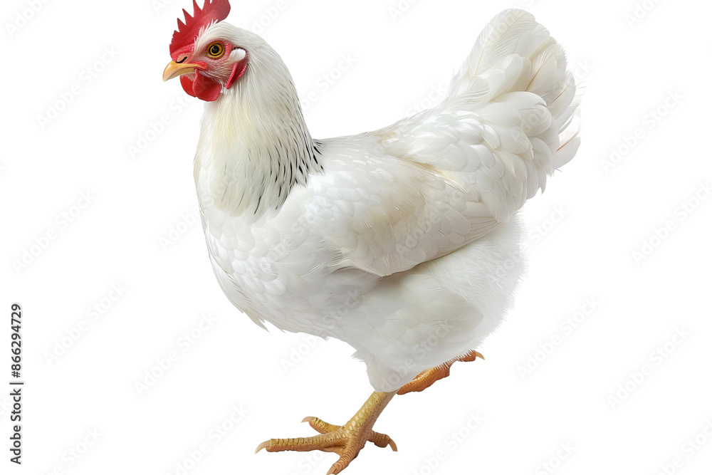 Fototapeta premium A white chicken with red comb and feet