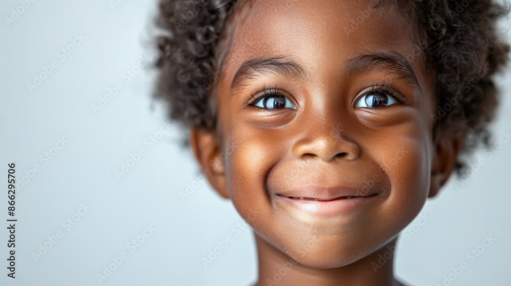 Portrait of an African American child with big, bright eyes, smiling happily. Child's portrait shot, close up headshot.