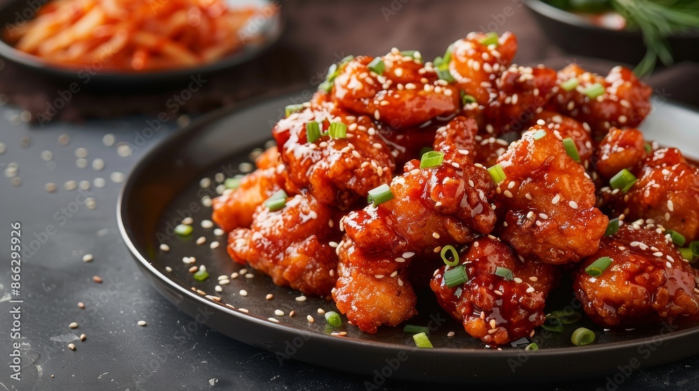 Closeup of Korean fried chicken, a popular Korean street food, with a sweet and spicy glaze, topped with sesame seeds and green onions. Closeup of Korean fried chicken, a popular Korean street food, with a sweet and spicy glaze, topped with sesame seeds and green onions.