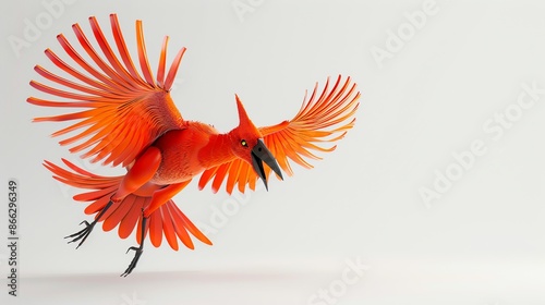 A vibrant red bird with black feet and beak flies with its wings outstretched against a white background. photo