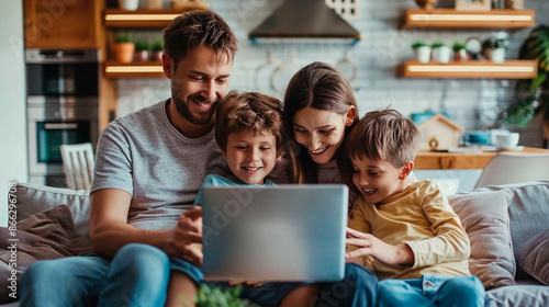 A young family of four sitting on a couch, enjoying time together while looking at a laptop. The modern kitchen in the background adds a cozy home atmosphere.