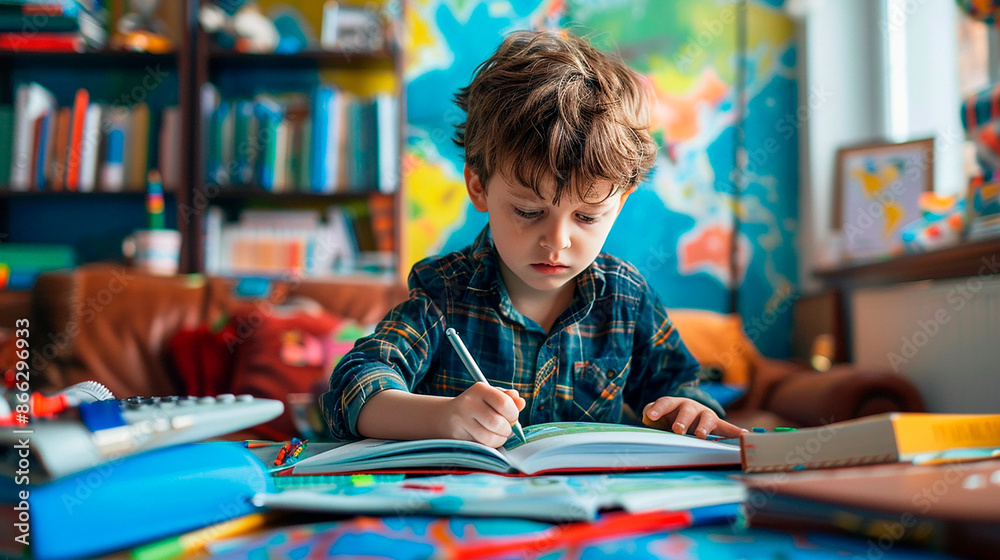 Young boy focused on writing in a workbook, surrounded by colorful books and educational toys. The scene emphasizes concentration and learning in a vibrant environment. Young boy focused on writing in a workbook, surrounded by colorful books and educational toys. The scene emphasizes concentration and learning in a vibrant environment.
