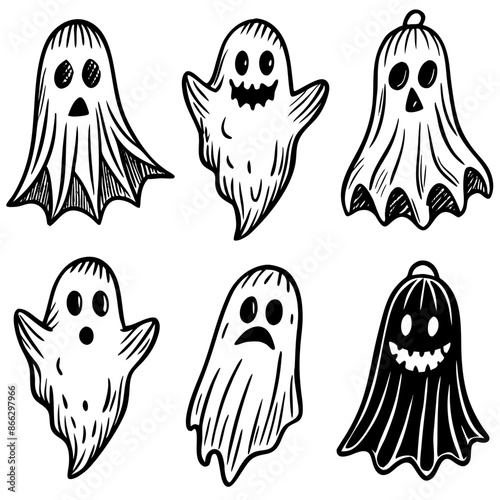 Black and white ghosts with different faces on a white background