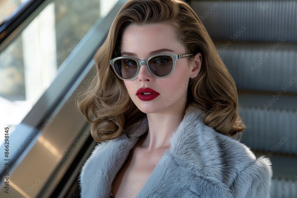 Stylish Woman with Sunglasses and Red Lipstick Wearing Fur Coat on Escalator
Stylish Woman with Sunglasses and Red Lipstick Wearing Fur Coat on Escalator