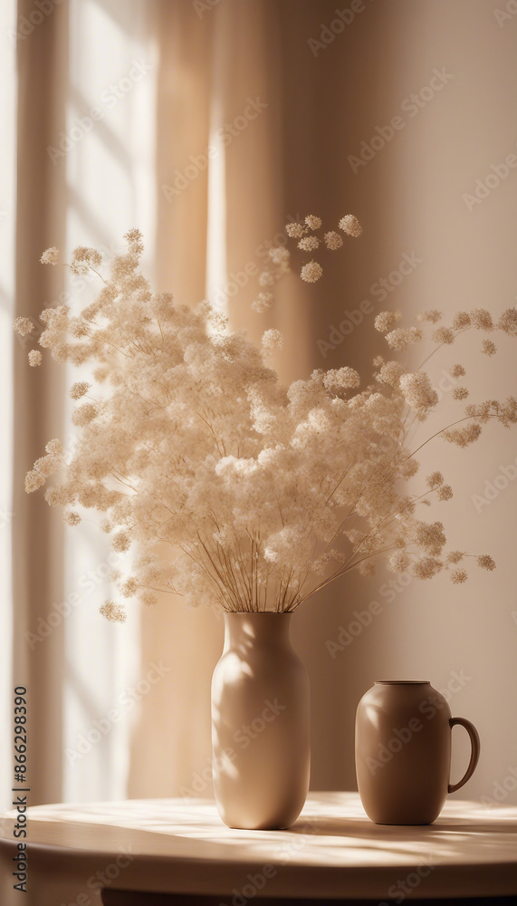 Laptop computer with blank mockup screen Beige flowers in a brown vase on a table Beige wall with a Laptop computer with blank mockup screen Beige flowers in a brown vase on a table Beige wall with a