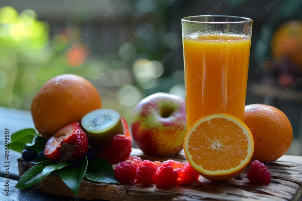 Orange juice with fresh fruits, summer drink Orange juice with fresh fruits, summer drink