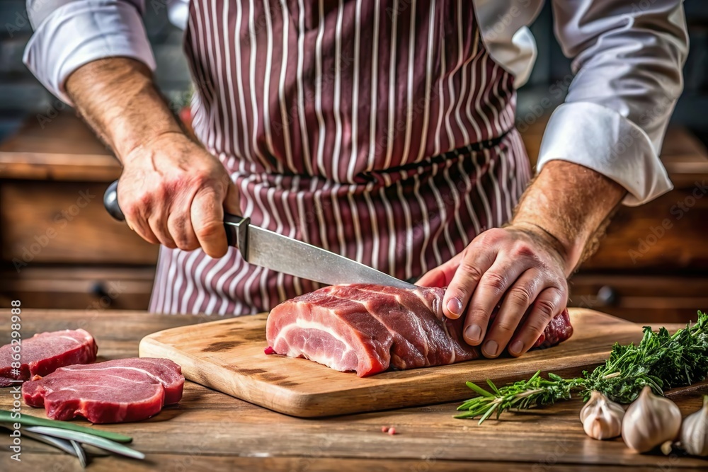 chef cut raw meat on cutting board in kitchen chef cut raw meat on cutting board in kitchen